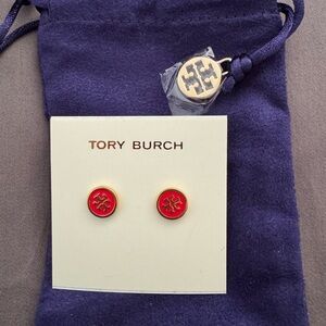 Tory Burch Red & Gold Logo Small Stud Earrings With Jewelry Dust Bag